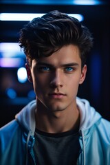 A young man with captivating blue eyes staring directly into the camera