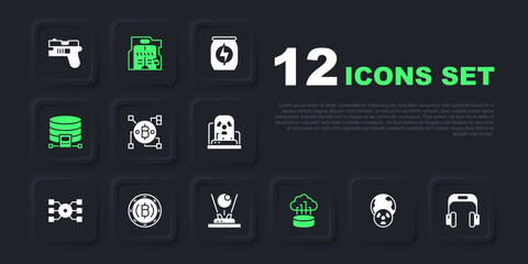 Set Planet earth and radiation, Headphones, Blockchain technology Bitcoin, Network cloud connection, Cloud database, Cryptocurrency, Futuristic sliding doors and Hologram icon. Vector