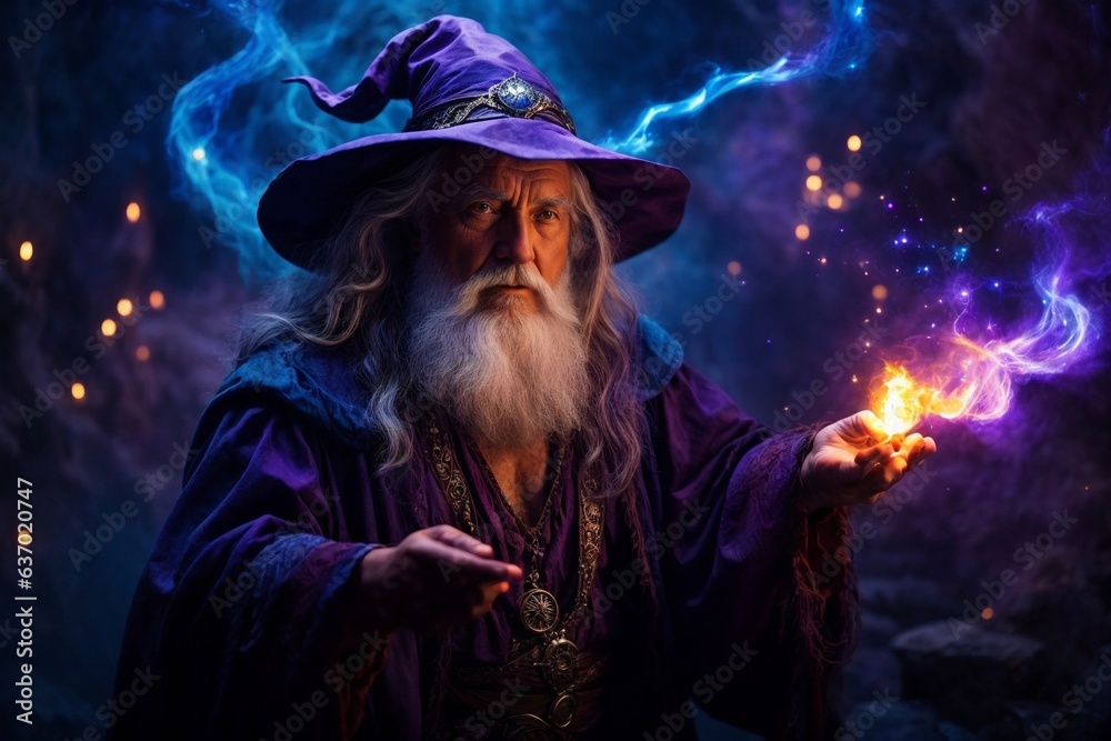 Wall mural a mystical wizard holding a lit candle, with a majestic white beard and a vibrant purple hat