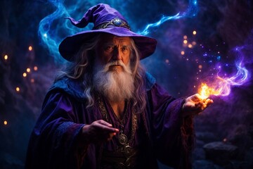 A mystical wizard holding a lit candle, with a majestic white beard and a vibrant purple hat - obrazy, fototapety, plakaty