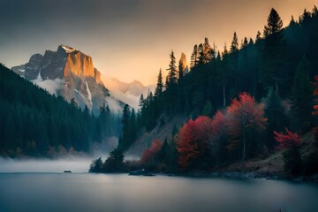 "Create a breathtaking scene of a mountain range bathed in the soft, golden hues of a sunrise, as the morning mist slowly disperses to reveal the beauty of the natural landscape."