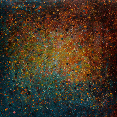 bright colorful small dots of contrasting colors on black background in pointillist style