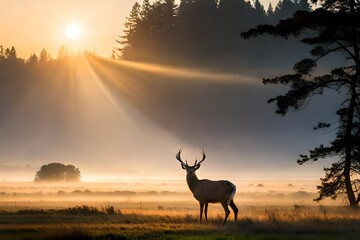 "A serene forest scene, bathed in the golden hues of dusk, revealing the graceful silhouette of a deer poised against the backdrop of the setting sun."
