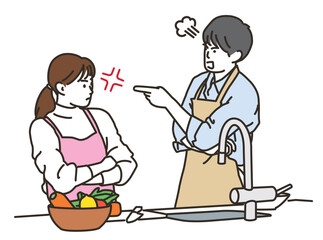 キッチンで喧嘩をするエプロン姿の男女
