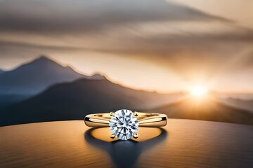 A gleaming engagement ring rests upon a polished wooden table, set against the backdrop of a vast, cloud-studded sky. - obrazy, fototapety, plakaty