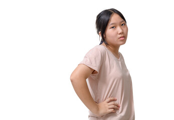 Sad and bored asian girl looking reluctant and unamused at camera, leaning face on hand, standing over white background