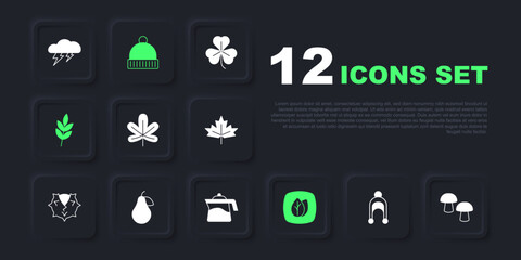 Set Winter hat, Mushroom, Chestnut leaf, Leaf, Pear, and Teapot icon. Vector