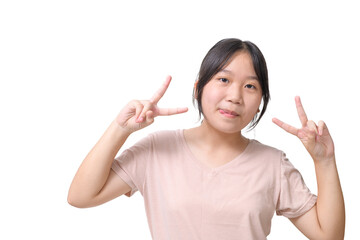 Asian girl raising hands and smile isolated on white background, cute girl