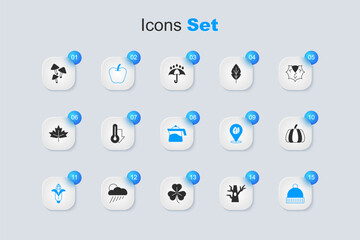 Set Bare tree, Thermometer, Apple, Corn, Winter hat, Pumpkin, Mushroom and Teapot icon. Vector