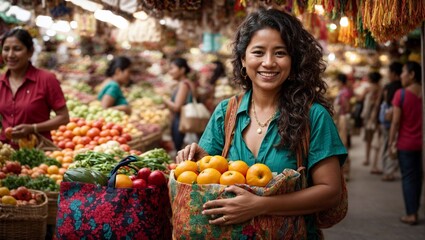 A woman holding a basket of fresh fruits in a bustling market - obrazy, fototapety, plakaty