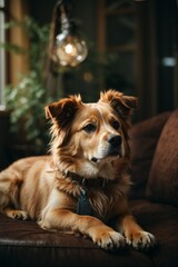 Fototapeta premium A brown dog resting on a cozy brown couch