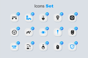 Set Computer mouse, Game controller or joystick, console with, Web camera, Sword for game, and Portable video icon. Vector