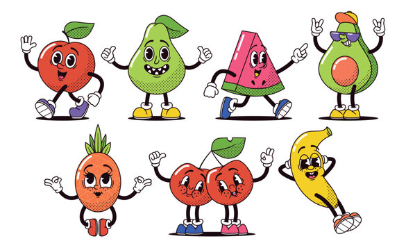 Retro Cartoon Fruits Apple, Pear, Watermelon Slice, Avocado and Pineapple. Cherries and Banana Characters