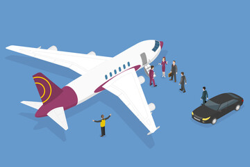 3D Isometric Flat Vector Conceptual Illustration of Private Jet, Luxury Airplane and Limousine Car Standing on Runway