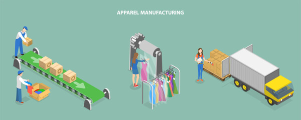 3D Isometric Flat Vector Conceptual Illustration of Apparel Manufacturing, Clothes Factory