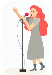 Musical concert. Girl with pink hair and a microphone sings in a karaoke club or recording studio.