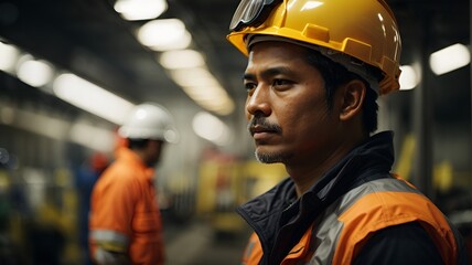 Obraz premium A man wearing a hard hat in a factory