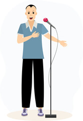 Musical concert.Young man with a microphone looks ahead and sings in a karaoke club or recording studio.
