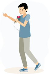 Musical concert. Boy in a blue t-shirt and with a microphone sings in a karaoke club or recording studio.