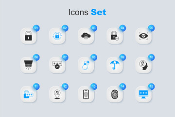 Set Fingerprint, Password protection, Lock, Cyber security, Monitor with password, and Bomb icon. Vector