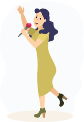 Musical concert. Girl singing and dancing with a microphone  in a karaoke club or recording studio.