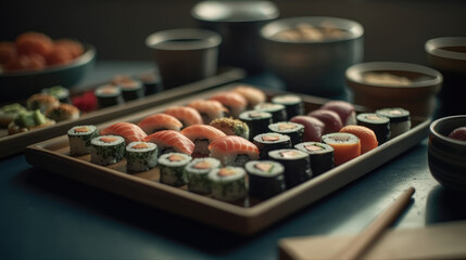 Obraz na płótnie Canvas Appetizing sushi set on ceramic tray.