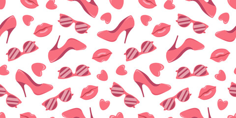Pink trendy seamless pattern with lips, shoes, sunglasses and hearts isolated on white background.