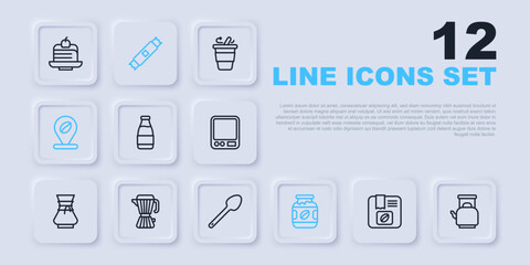 Set line Bag of coffee beans, Kettle with handle, Milk bottle, Coffee jar, Location, maker moca pot, Sugar stick packets and Teaspoon icon. Vector