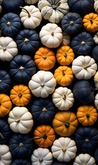 pumpkins, many different colors and shapes of pumpkins, top view, pattern, AI generated