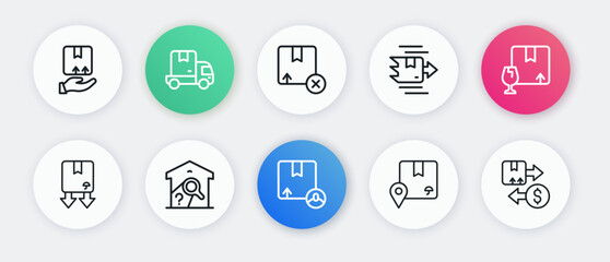 Set line Carton cardboard box, Package with fragile content, Cardboard traffic symbol, Location, Tax and Warehouse check icon. Vector