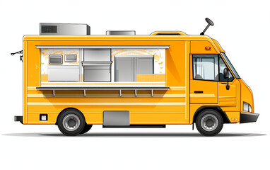 A food truck vector mockup for branding, advertising, and identity. Realistic mobile kitchen template on white background, elements grouped on separate layers.