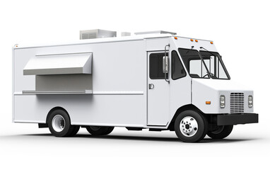 A vector mockup of a food truck for vehicle branding, advertising, and corporate identity purposes. This isolated template features a realistic portrayal of a mobile kitchen on a white background, wit