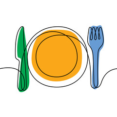 Plate, knife and fork continuous line colourful vector illustration
