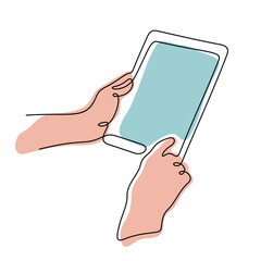 Hands holding digital tablet continuous line colourful vector illustration
