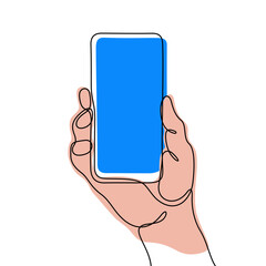Hand holding smartphone continuous line colourful vector illustration