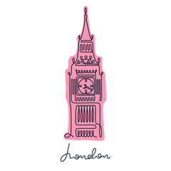 Big Ben, London. Continuous line colourful vector illustration.