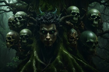 A man surrounded by skulls in a dark forest