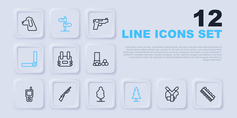 Set line Slingshot, Hunting cartridge belt, Bulletproof vest, Tree, Trap hunting, gun, Road traffic sign and icon. Vector