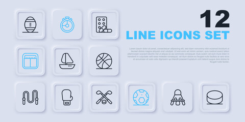 Set line Badminton shuttlecock, Hockey puck, Yacht sailboat, Soccer football ball, Sport mechanical scoreboard, Boxing glove, Stopwatch and Ice hockey sticks and icon. Vector
