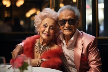 An older Asian couple on a date. Romantic dinner background generative ai