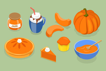 3D Isometric Flat Vector Set of Pampkin Products, Autumn Traditional Foods