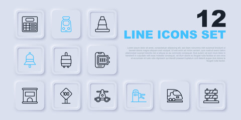 Obraz premium Set line High-speed train, End of railway tracks, Suitcase, Turnstile, Train station bell, Speed limit traffic sign 100 km, and and Handcar transportation icon. Vector