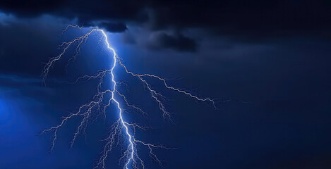 Lightning strike during an electrical storm thunder.The strongest electric charge on a dark blue sky background. The concept of the apocalypse, catastrophe, thunderstorm.