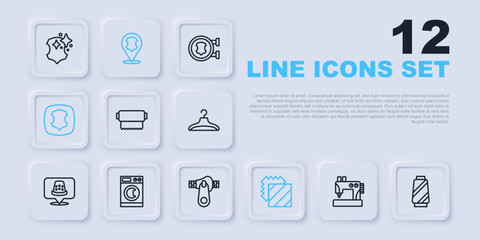 Set line Sewing machine, thread on spool, Textile fabric roll, Layers clothing textile, Leather, Washer, and Zipper icon. Vector