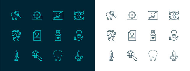Set line Dentures model, Dental search, Toothache painkiller tablet, Clipboard with dental card, X-ray of tooth, Broken and Otolaryngological head reflector icon. Vector