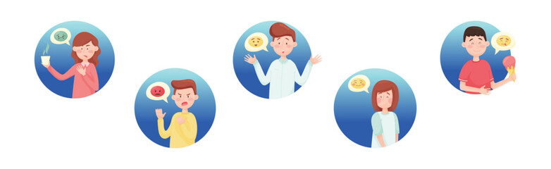 People Emoji with Face Emotion Expressing Different Feelings in Round Shape Vector Set