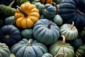 lots of pumpkins in different colors, top view, fall, Halloween and Thanksgiving Day concept, AI generated