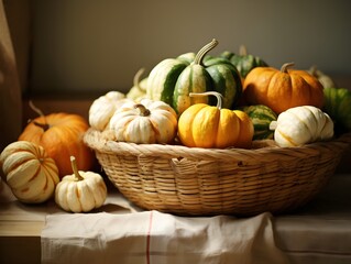 pumpkins, many pumpkins of different colors and shapes, in a basket, still life. AI generated