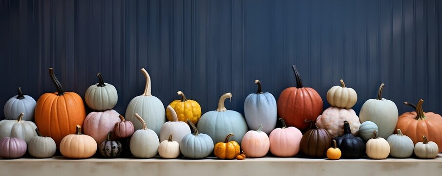 lots of pumpkins in different colors, top view, fall, Halloween and Thanksgiving Day concept, AI generated