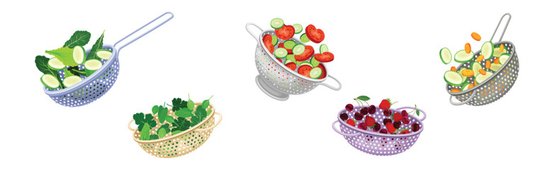 Colander with Berry and Vegetables for Washing Vector Set